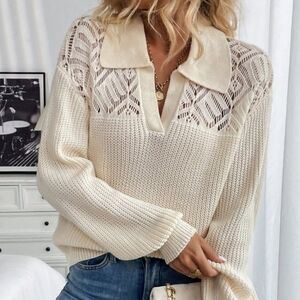 New Sheer Lace Panel Collar Knit Sweater Top Pullover Ivory Beige